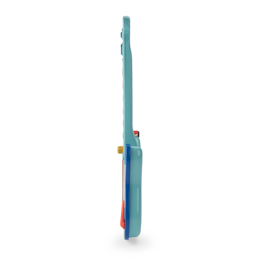 Side view of light blue plastic toy guitar with red whammy bar