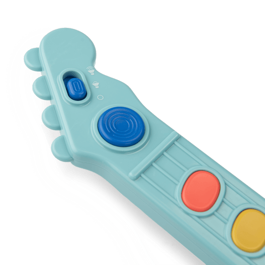 Blue Puce & Pilou toy guitar headstock with speaker switch and fret buttons