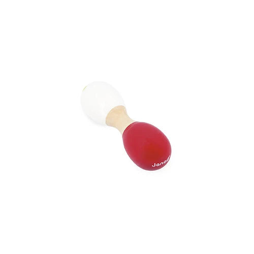 Close-up of JANOD logo on wooden children's maraca toy