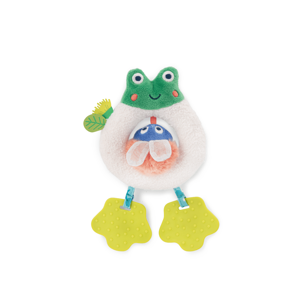 Frog baby teether toy with textured silicone feet and hidden firefly sound maker