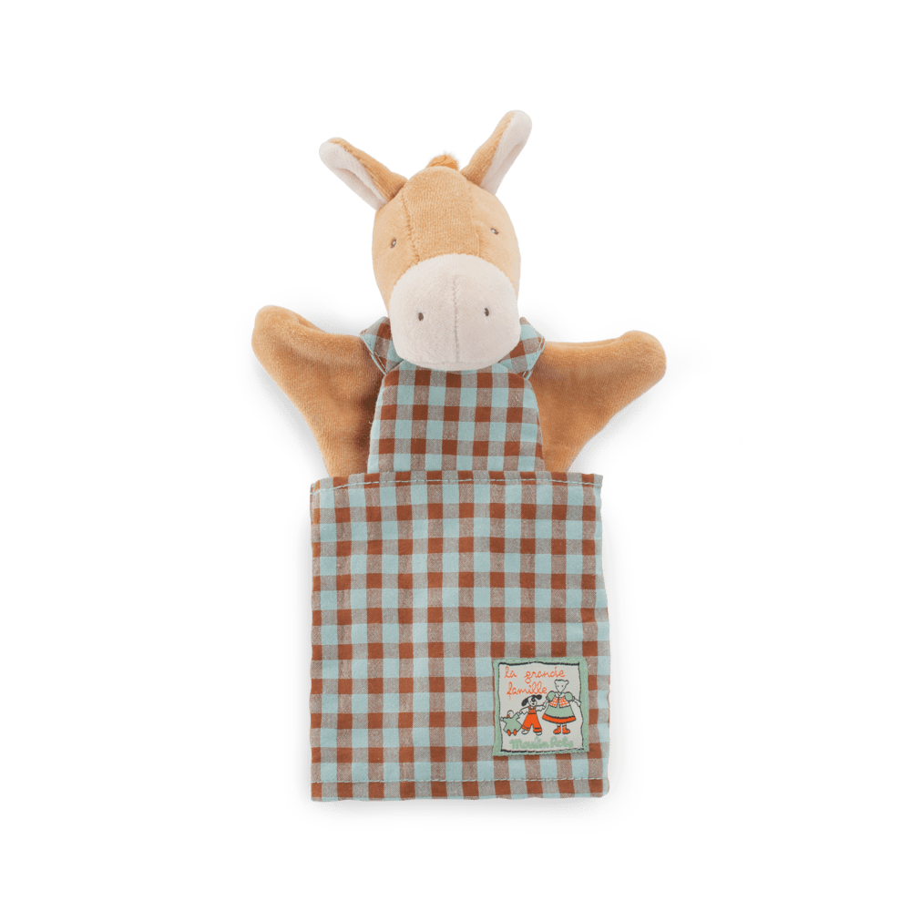 Front view of Moulin Roty Hugo plush horse puppet showing embroidered eyes and brand label