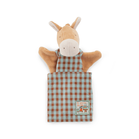 Front view of Moulin Roty Hugo plush horse puppet showing embroidered eyes and brand label