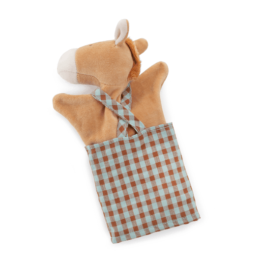 Moulin Roty Hugo horse hand puppet in brown velvet with blue gingham overalls