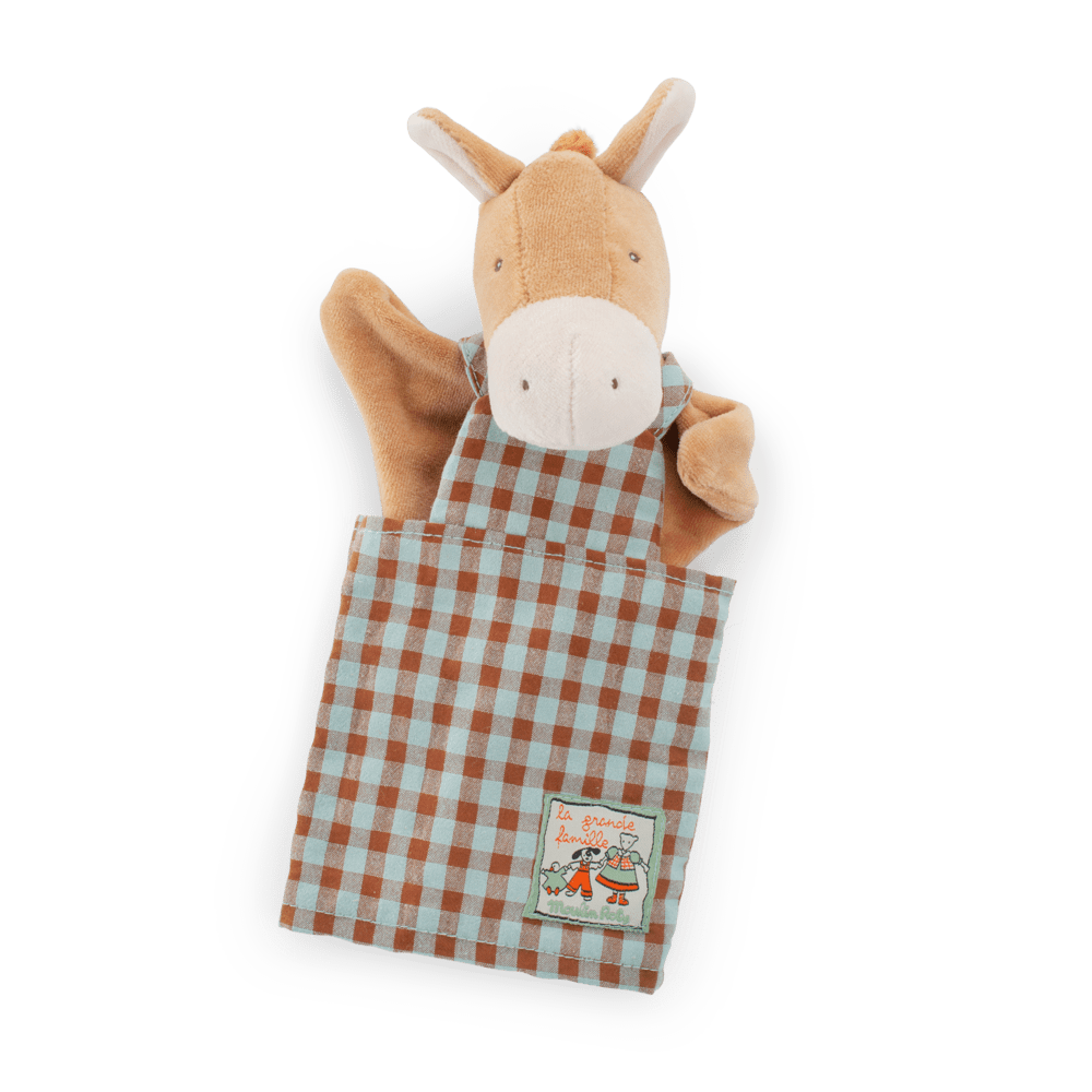 Side angle of soft velvet horse hand puppet with raised arm and checkered fabric detail