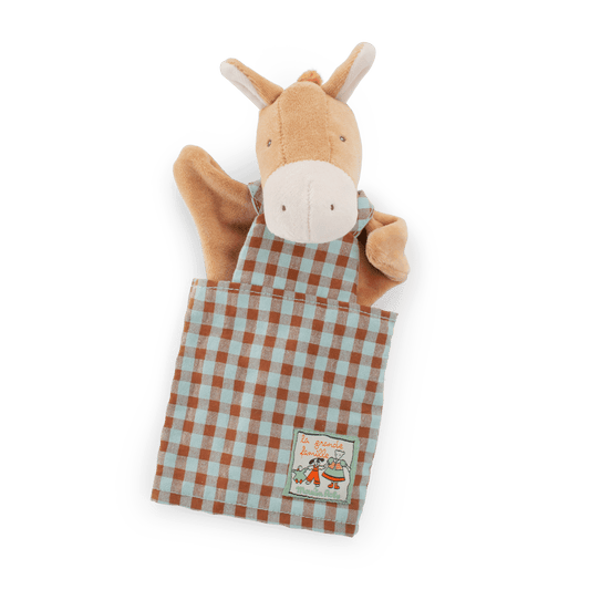 Side angle of soft velvet horse hand puppet with raised arm and checkered fabric detail