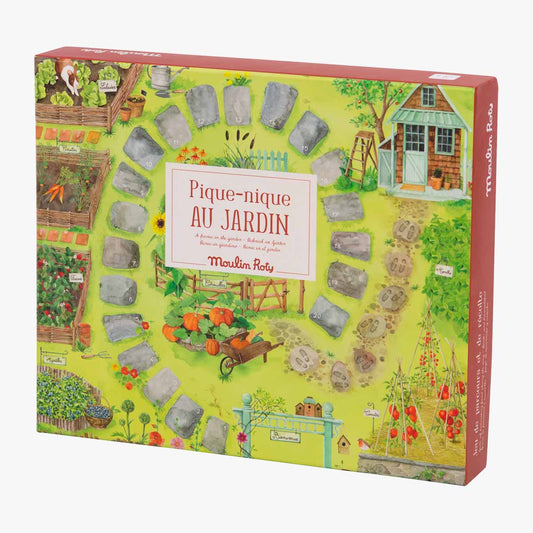 Moulin Roty Pique-nique au jardin box showing watercolor garden illustration and red spine
