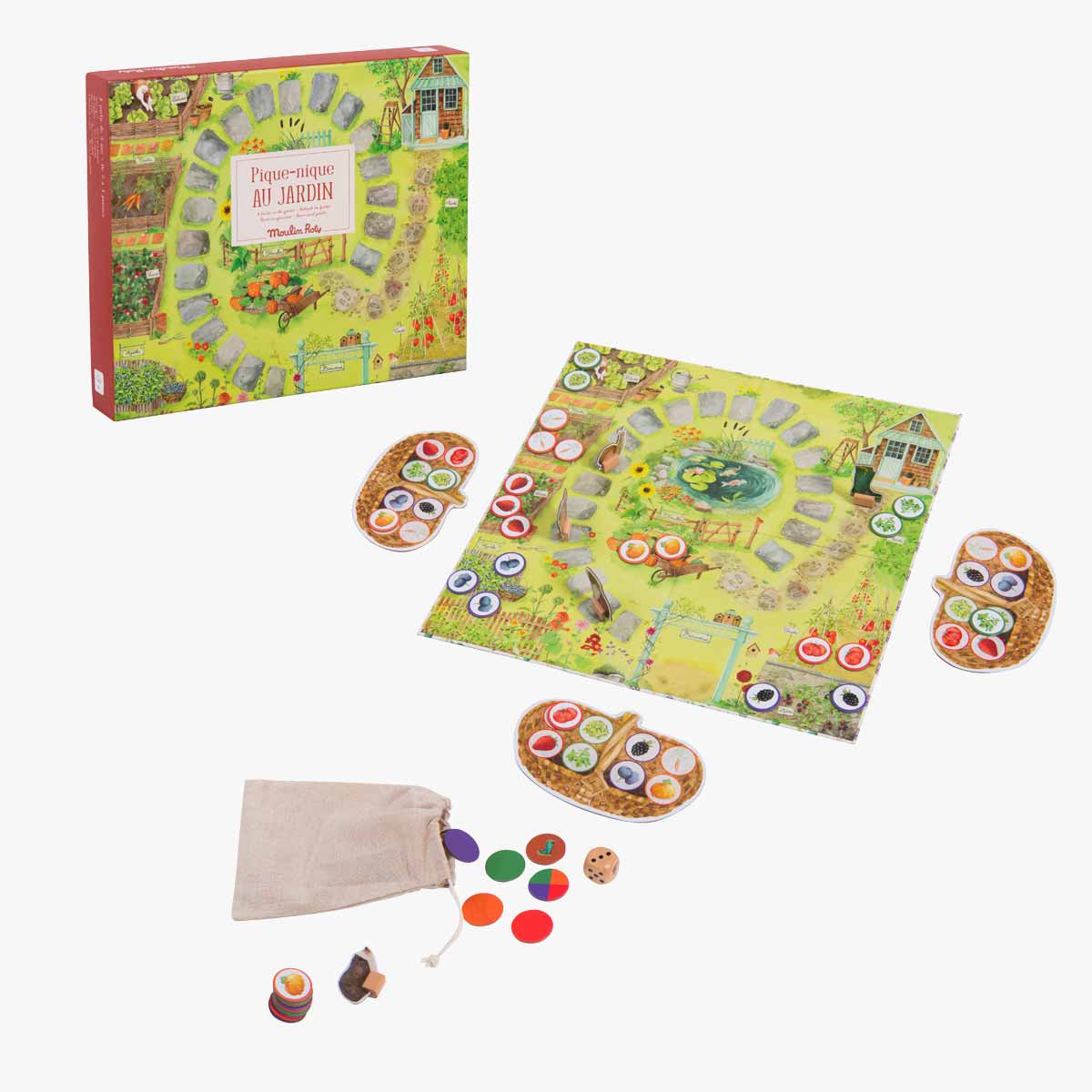 Moulin Roty Pique-nique au jardin board game contents with watercolor art and wooden components