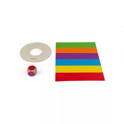 Janod Crazy Sticks components laid out with ribbed rainbow sticks and die