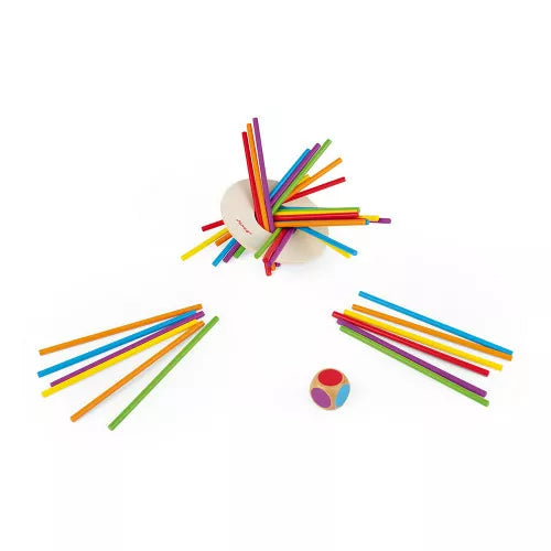 Overhead view of Janod Crazy Sticks colorful sticks fanning out on wooden disc