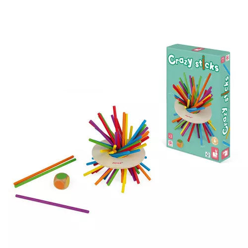 Janod Crazy Sticks game set with retail box and colorful sticks on white background