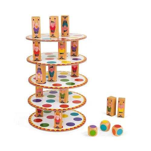 Wooden stacking balance game with painted acrobat figures and colored dice for family fun