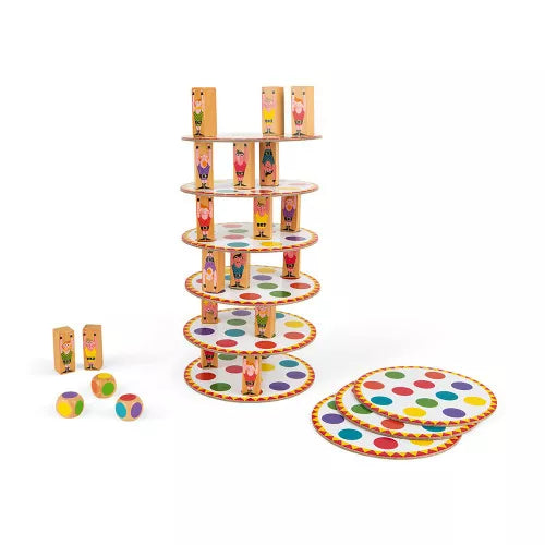 Wooden stacking tower game with colorful polka dot platforms and acrobat figures for kids