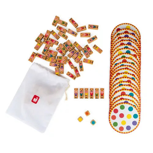 Top-down view of wooden acrobat figures and stacked circular platforms for family game night