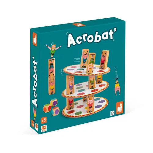 Teal JANOD Acrobat game box showing tower assembly and age recommendation for children