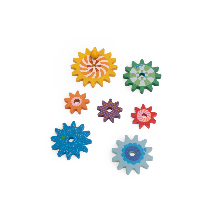 Close up of seven colorful painted wooden gears from the Les Toupitis motor skills toy set