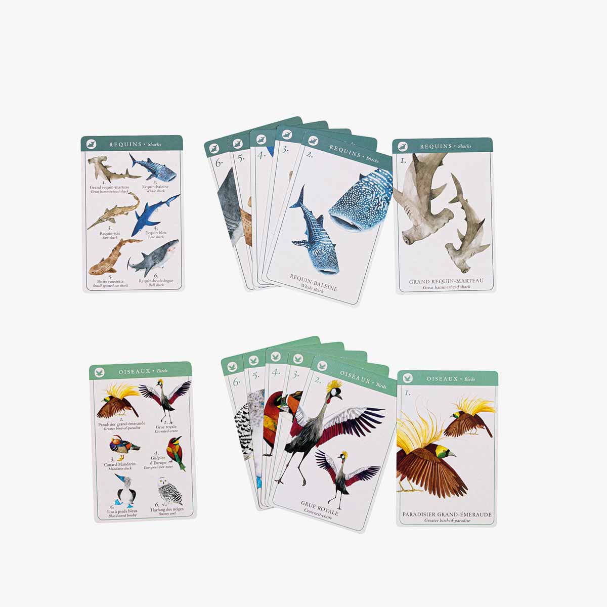 Moulin Roty 7 Families species game Requins and Oiseaux cards