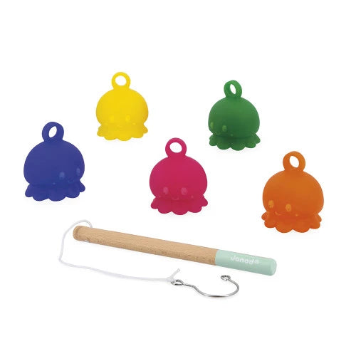 JANOD wooden fishing rod game set with five colorful octopus toys