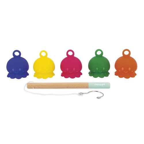 Set of five smiling face octopus bath toys with wooden fishing rod