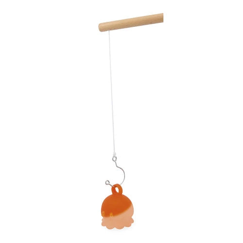 Orange gradient octopus fishing toy with metal hook on wooden rod