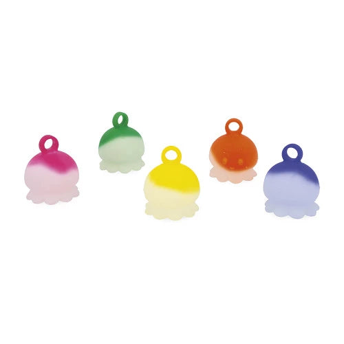 Five translucent two-tone gradient octopus bath toys in pink green yellow orange blue