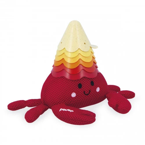 Red JANOD crab bath toy with five layered cups on back showing 'pouet'