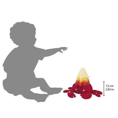 Red crab bath toy with stacked cups next to toddler silhouette size guide