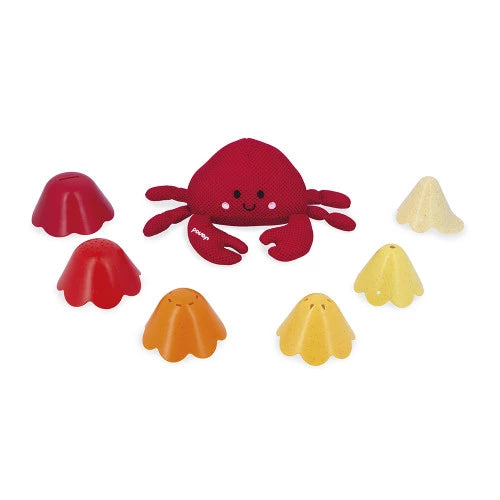JANOD red mesh crab bath toy with six colorful flower cups for stacking
