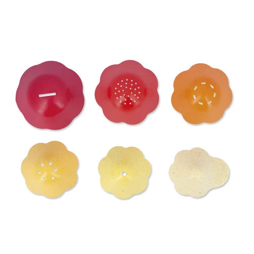 Six perforated flower-shaped bath cups in red orange and yellow tones