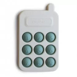 Close-up of MUSHIES Cambridge Blue silicone phone with numbered keypad