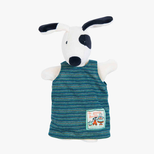 Moulin Roty Julius dog hand puppet with teal striped vest and woven label