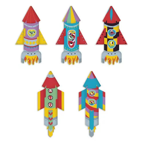 Set of five alien-themed paper rockets with geometric patterns