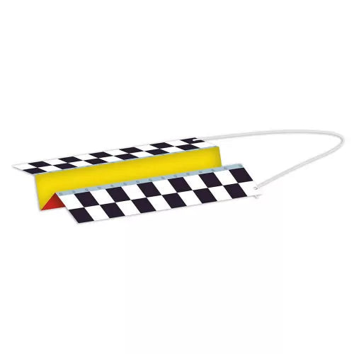 Folded yellow paper launch pad with checkered flaps and string