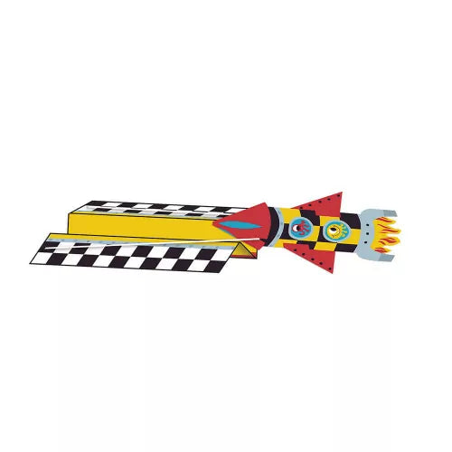 Red and yellow paper rocket with checkered panels on launch pad