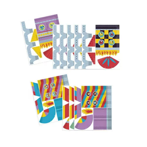 Pre-cut paper components with stickers for DIY rocket building