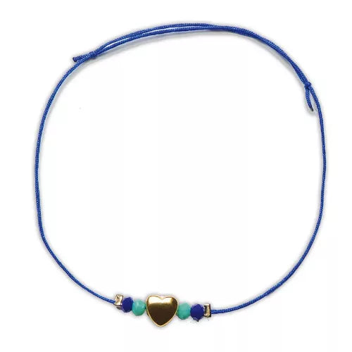 Blue cord bracelet with gold heart charm and green purple beads