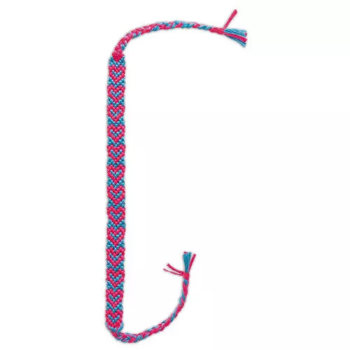 Pink and teal braided friendship bracelet with heart pattern