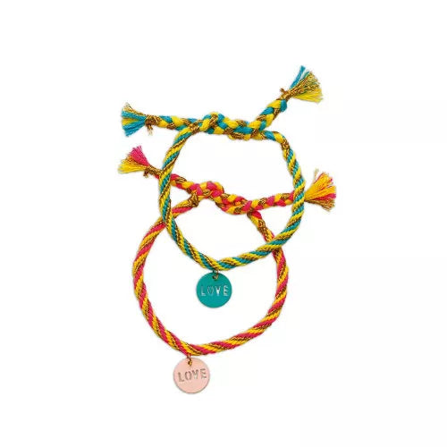 Pink yellow and teal braided friendship bracelets with LOVE charms