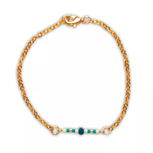 Gold chain bracelet with white blue beads and lobster clasp