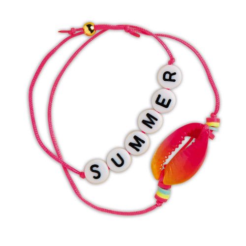 Pink cord bracelet with 'SUMMER' letter beads and gradient cowrie shell pendant