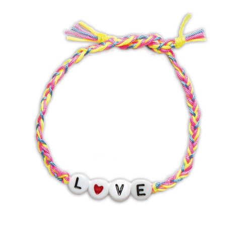 Colorful braided bracelet spelling 'LOVE' with heart symbol bead centerpiece
