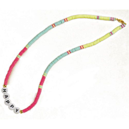 Multi-color disc bead necklace spelling 'HAPPY' with yellow mint pink bands