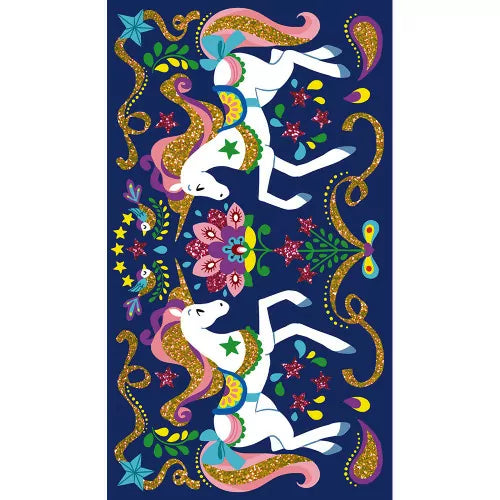 Dark navy blue unicorn glitter card with gold mane and floral motifs