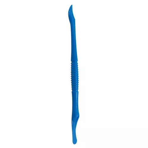 Blue plastic spatula tool for applying glitter to craft cards