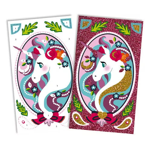 JANOD unicorn glitter craft cards with numbered sections for kids art project
