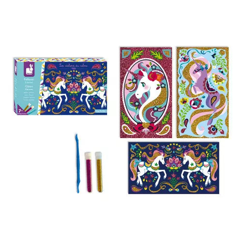 Unicorn glitter craft kit contents including cards tubes and spatula