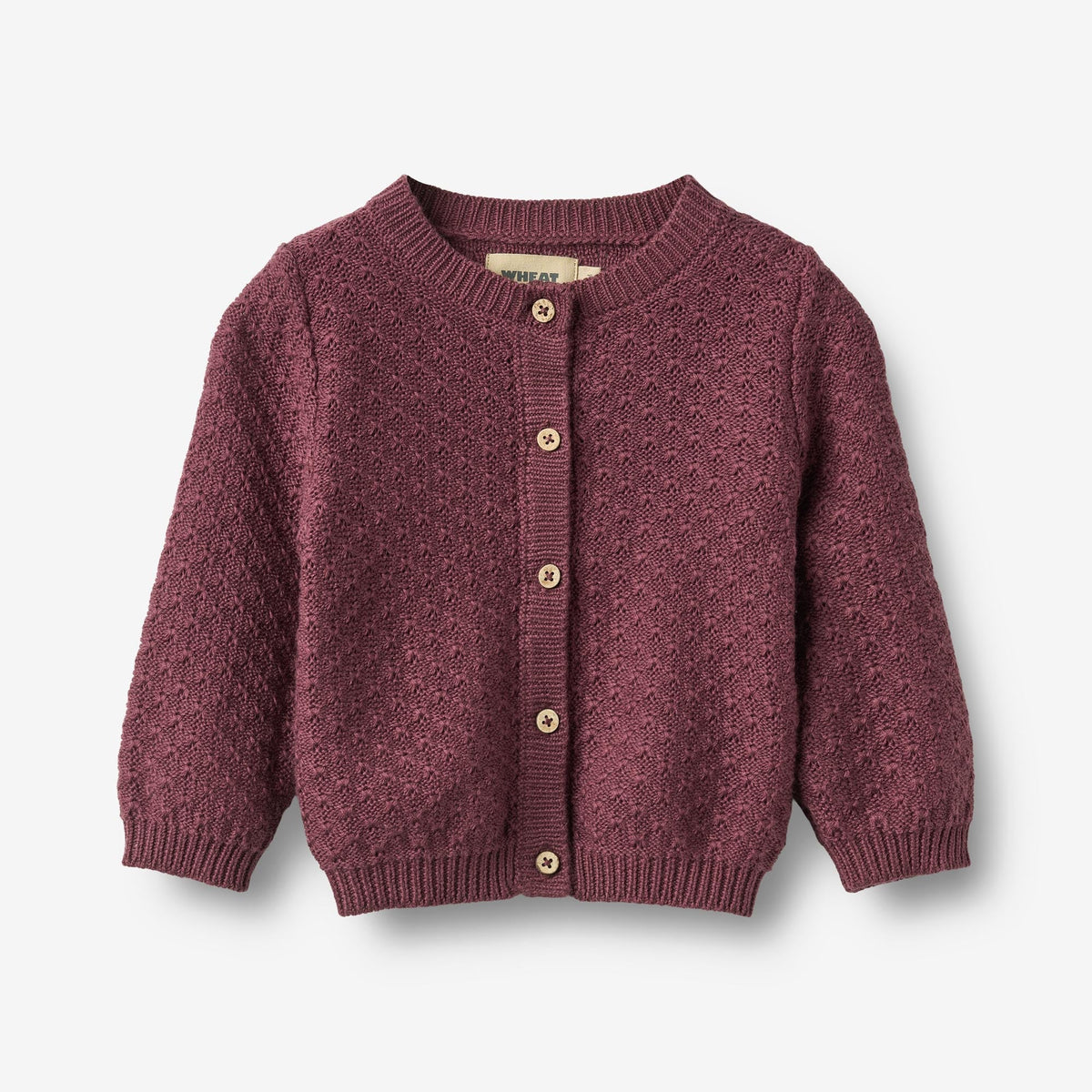WHEAT Magnella children's knit cardigan in aubergine with diamond pattern and star buttons