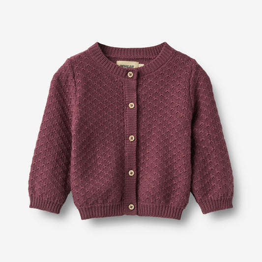 WHEAT Magnella children's knit cardigan in aubergine with diamond pattern and star buttons