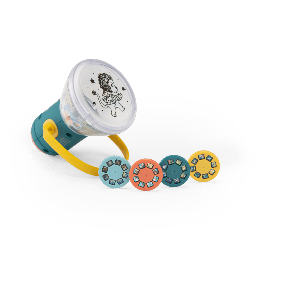 Moulin Roty story lantern with four interchangeable colored projection discs