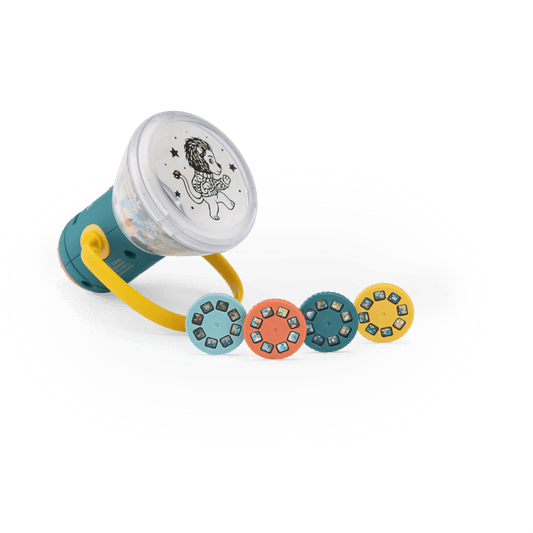 Moulin Roty story lantern with four interchangeable colored projection discs