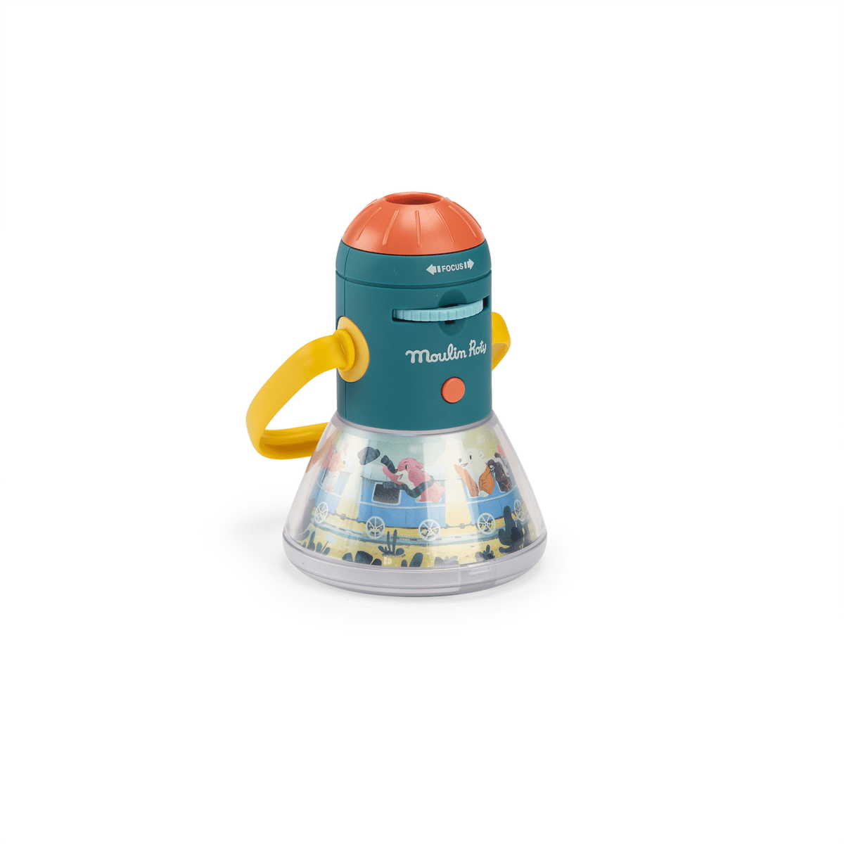 Front view of Moulin Roty story lantern with focus slider and train projection
